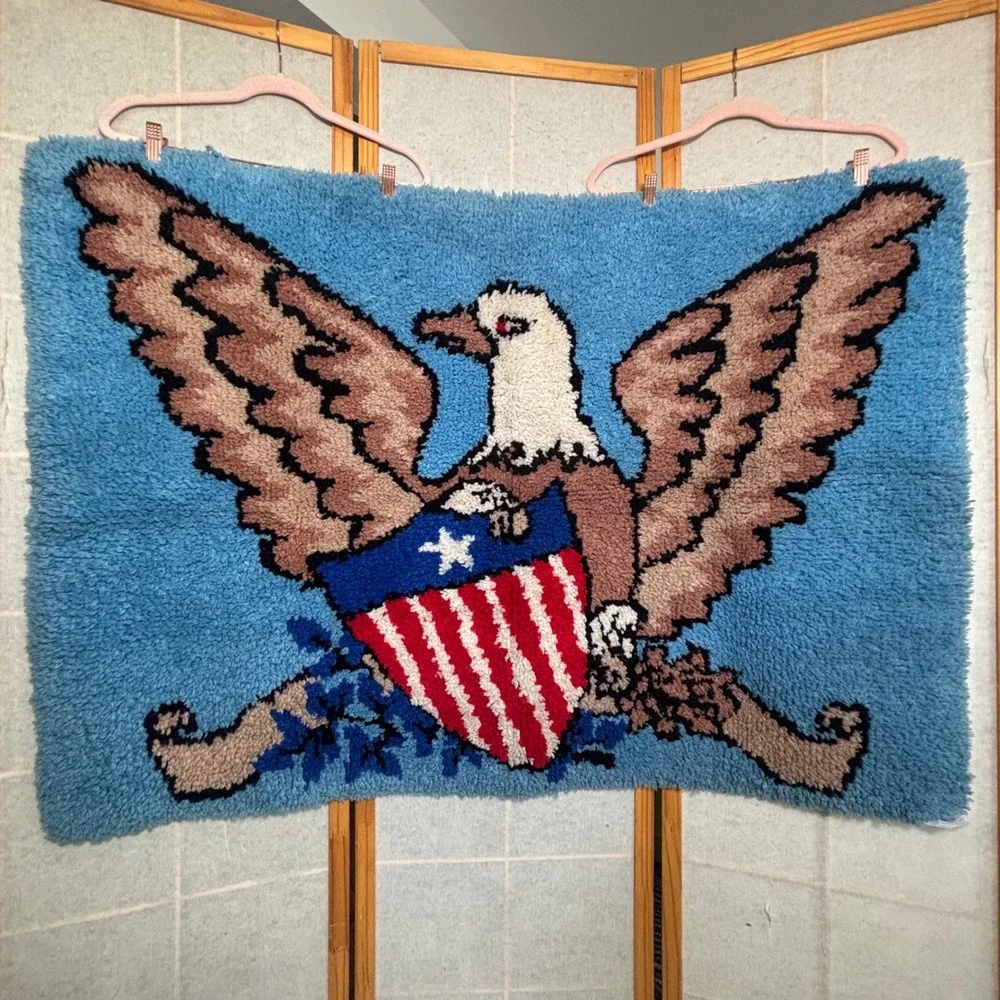 Unbranded Latch Hook Rug 46x33 Blue Patriotic Americana Eagle Shield Wall Art